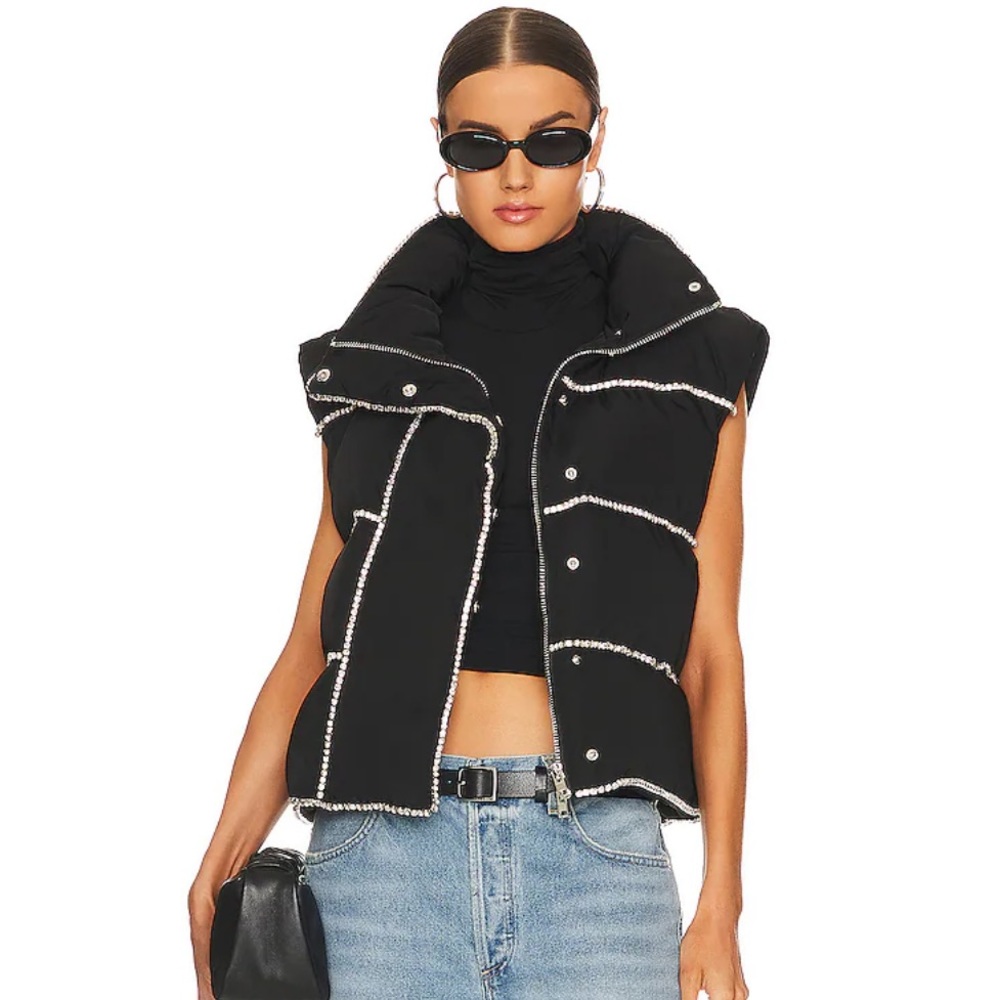 h:ours Black Puffer Vest with Pearl Trim